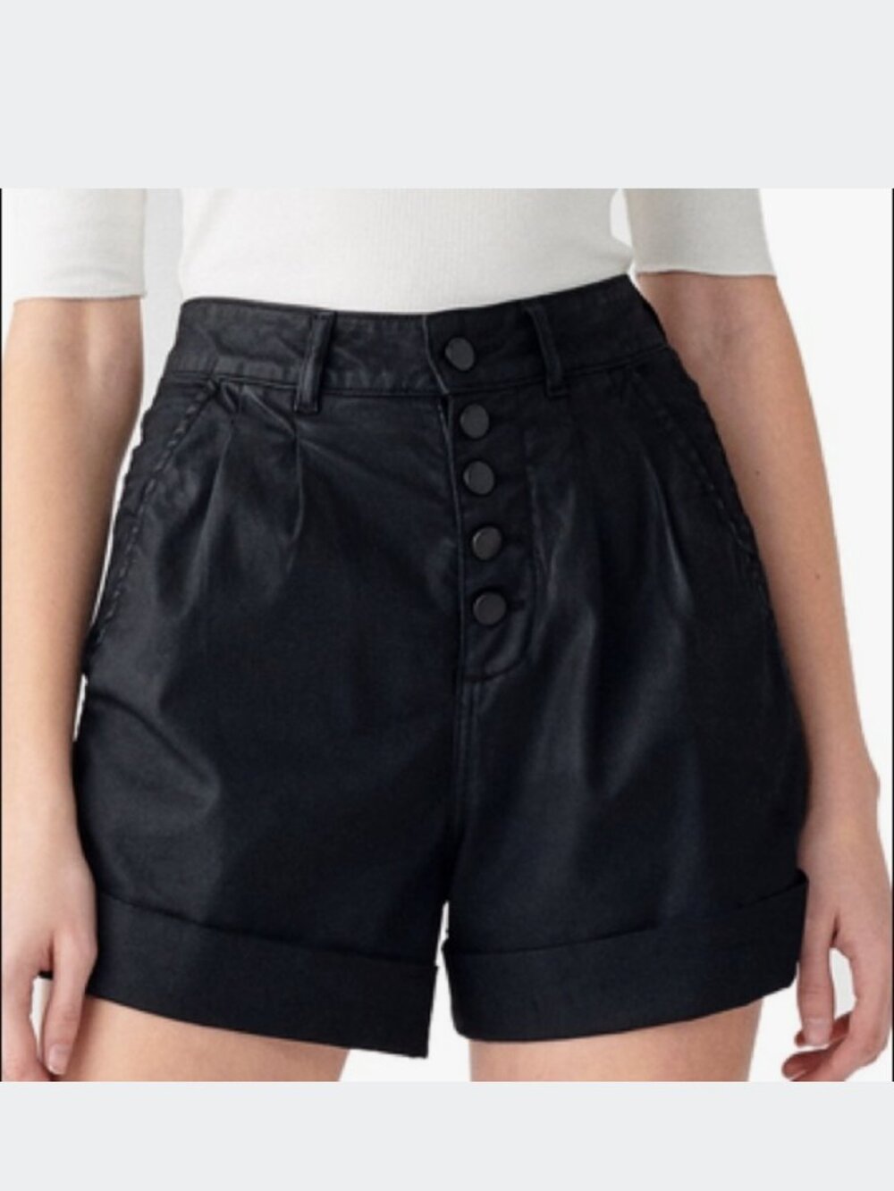 DL1961 "Dayna" High-Rise Wide Leg Shorts in a coated black finish